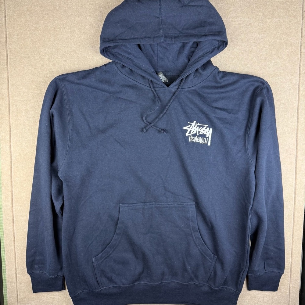 Stussy Honolulu Hoodie Mens L Navy Streetwear Logo Pullover Sweatshirt USA